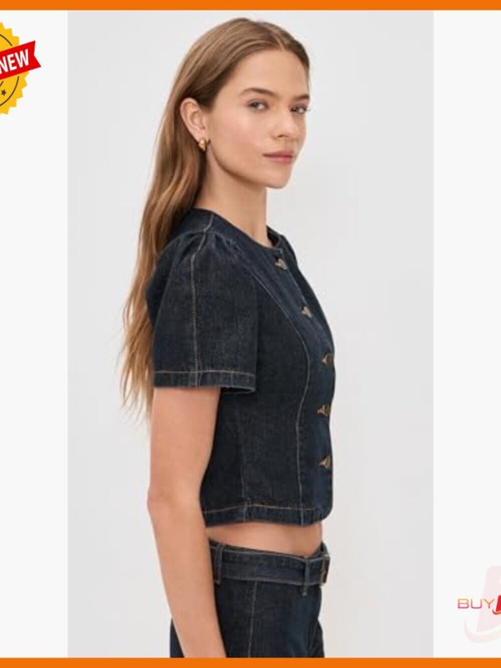 Denim Blouse with Puff Sleeves, Button Placket, Standard Length - Picture 5 of 6